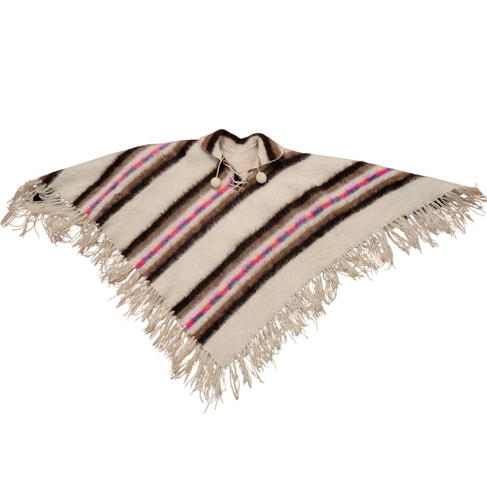 Poncho OS Cream Brown Rainbow Stripe Fringe Pom Pom Vintage Southwestern Boho